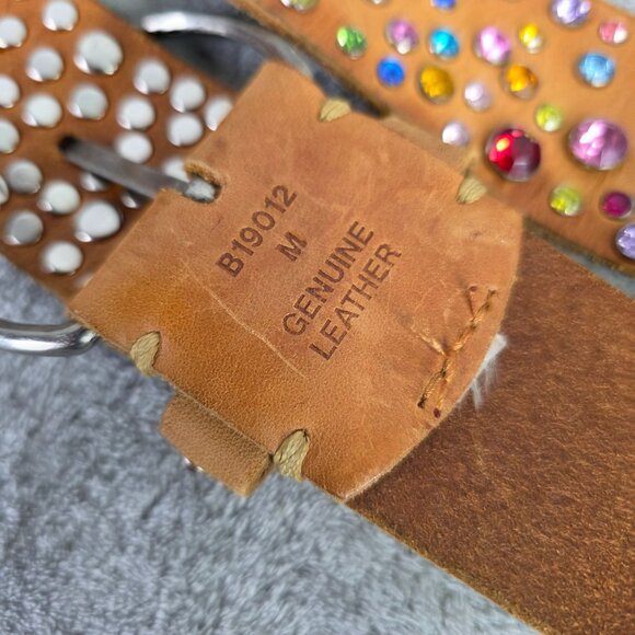 Genuine Leather Belt Multicolored Rhinestones & Polished Ring Buckle Size M 43" - Picture 4 of 6